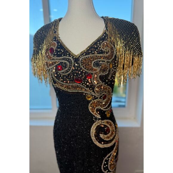 Vintage Ornate Fringe Beaded Cocktail Black Gold Embellished Party Dress Size 4 - Picture 7 of 16